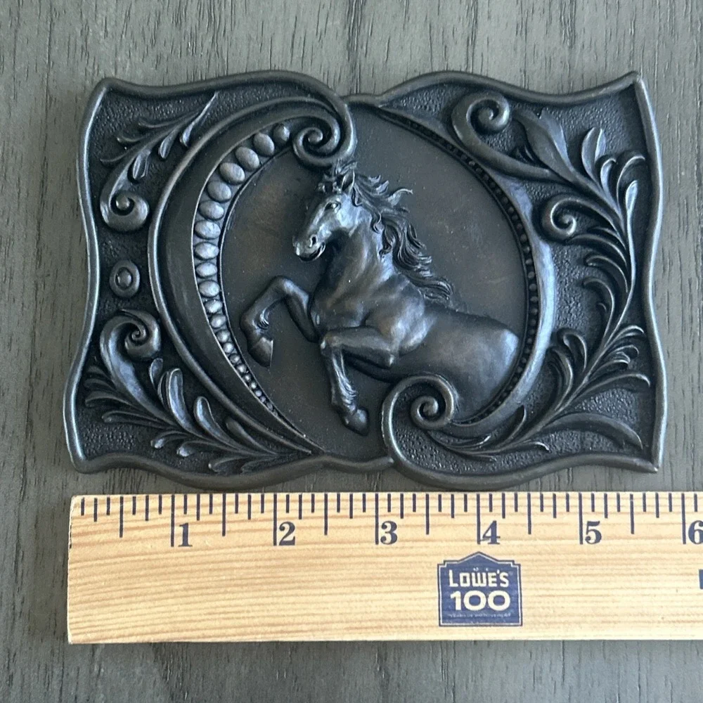 Vintage Pewter Horse Wall Plaque Rearing Oval Frame Scroll Decor